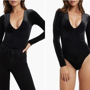Black Plunge Neck Long Sleeve Velvet Bodysuit